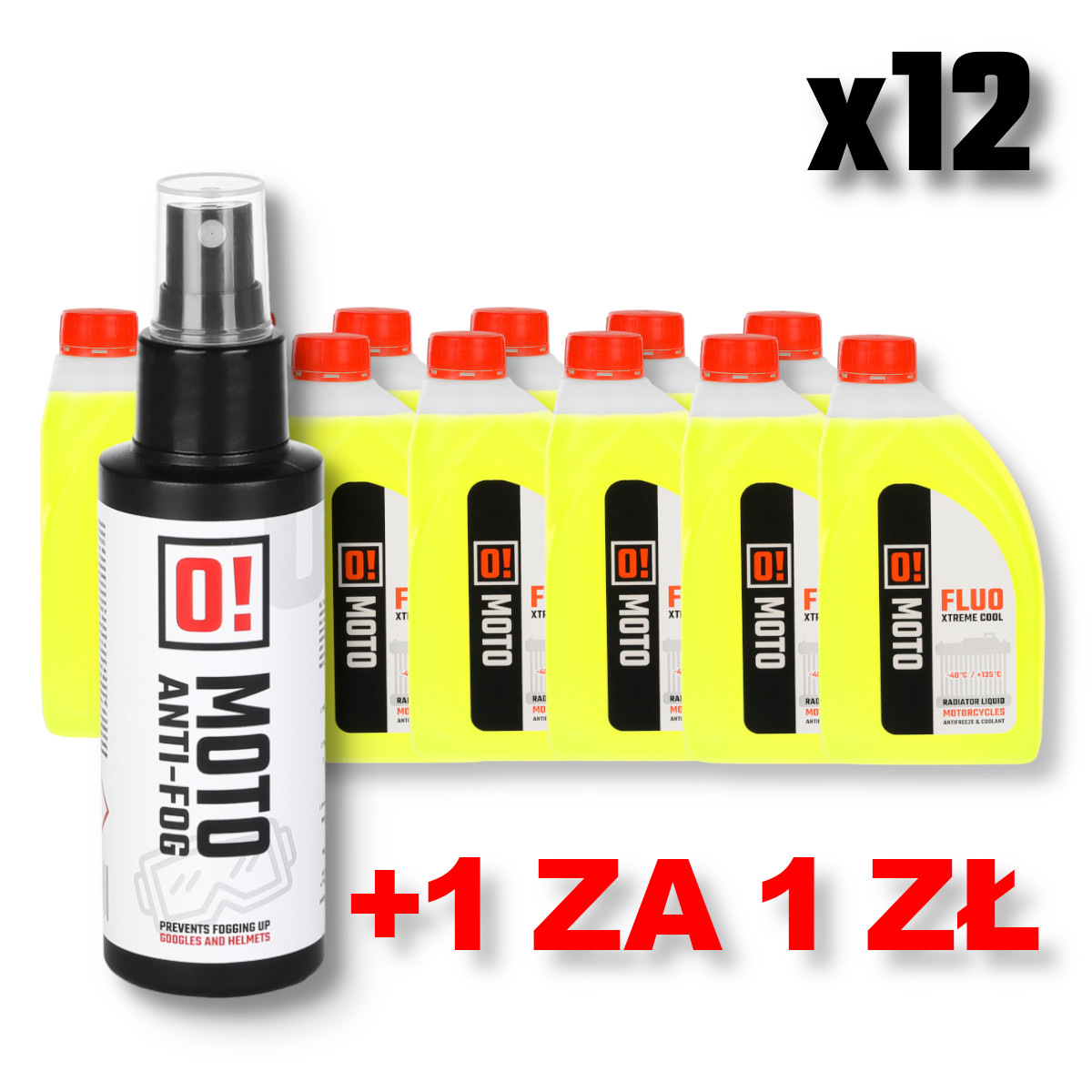 OMOTO pack of 12 pcs coolant 1L O! FLUO XTREME COOL + OMOTO anti-fog treatment for goggles and visors 100ML O! ANTI FOG